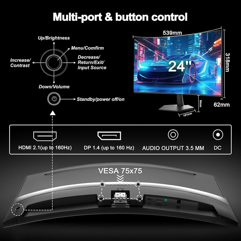 24 Inch Gaming Monitor 160Hz Curved, FHD 1080P Computer Screen | 1500R, 1Ms, Srgb130%, VESA Compatible, Eye Care Adaptive Sync HDMI＆DP Prots (MFG24C1L)