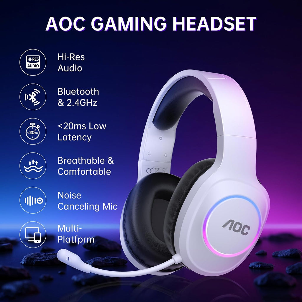 AOC Wireless Gaming Headset for PC, PS5, Bluetooth 5.4 & 2.4Ghz Low Latency Gaming Headset with Mic, Noise Canceling, 7.1 Virtual Surround, 45H Long Battery Life | Bluetooth 5.4, 2.4Ghz Low Latency, Noise Canceling, 7.1 Virtual Surround, 