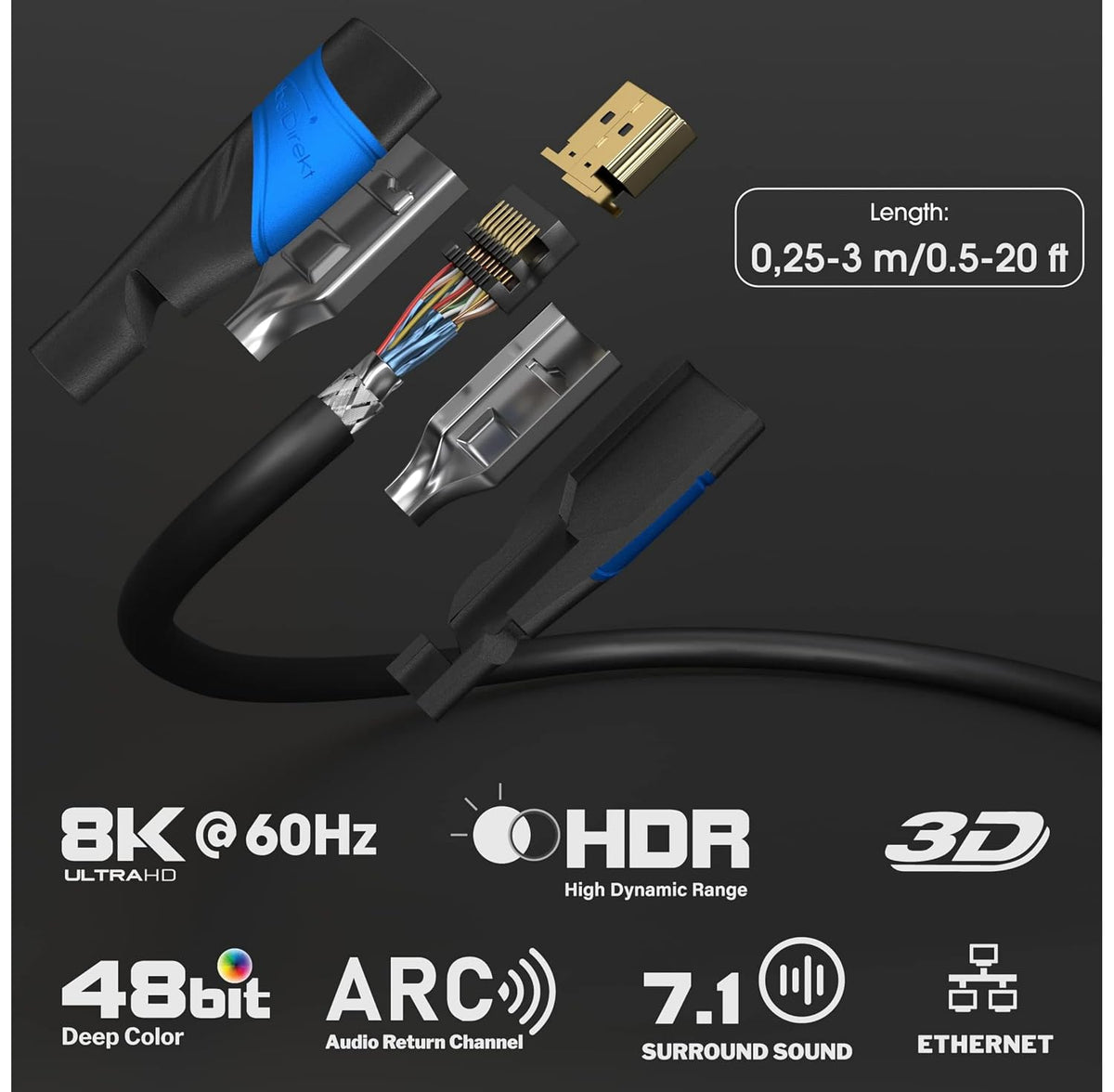 – 8K & 4K HDMI Cable – 2M – German Flexcore Technology | 10K, 8K@60Hz & 4K@120Hz, High Speed HDMI – for PS5, Xbox Series X/S, Switch 2, PC & Blu-Ray – Interference-Free & Flexible