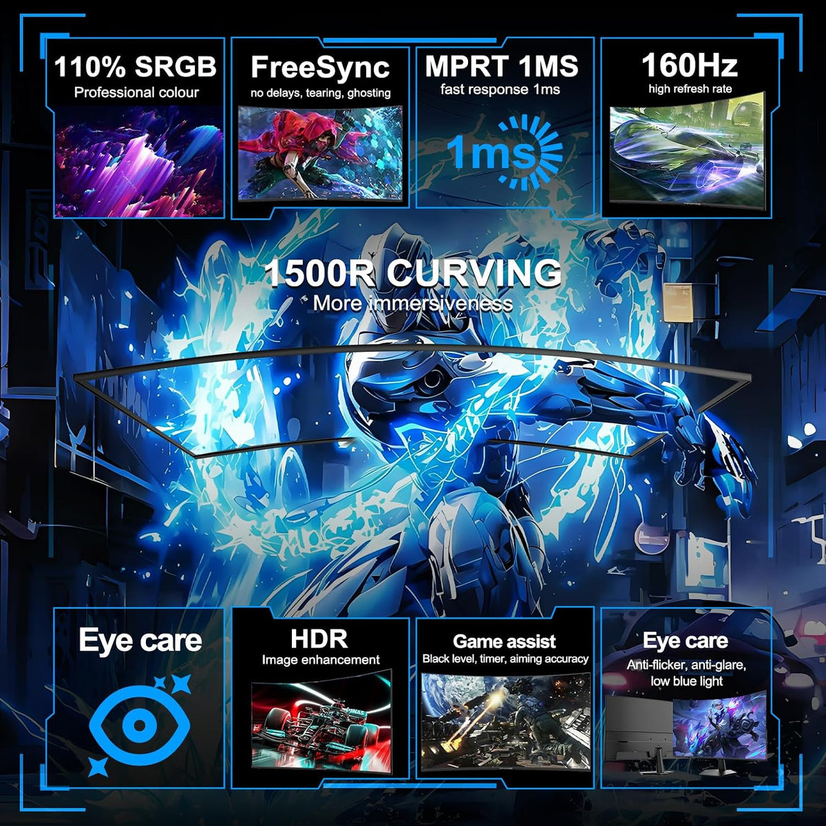 24 Inch Gaming Monitor 160Hz Curved, FHD 1080P Computer Screen | 1500R, 1Ms, Srgb130%, VESA Compatible, Eye Care Adaptive Sync HDMI＆DP Prots (MFG24C1L)